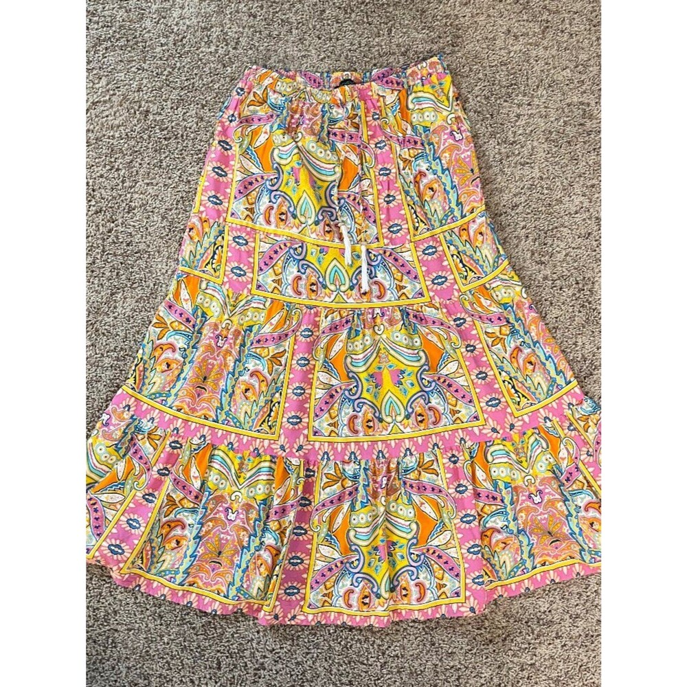 Rachel Zoe Boho Paisley Midi Skirt Medium Festival Tiered Flowy Drawstring Beach
